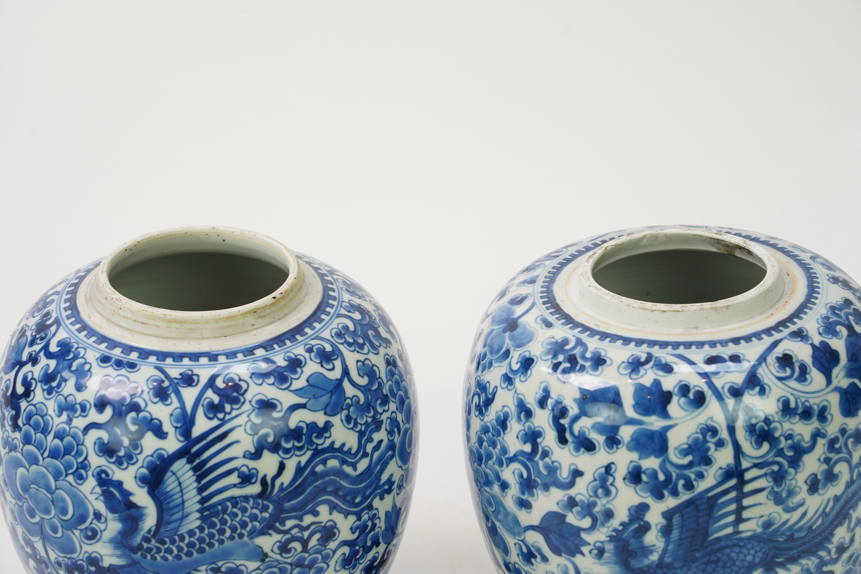 A pair of Chinese blue and white ‘phoenix’ jars, Kangxi period